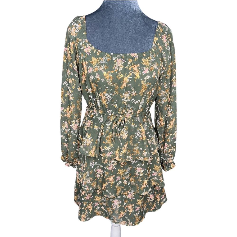 Trixxi Girl Dress Size Girls L Green Floral Print Puff Long Sleeve Party Dress